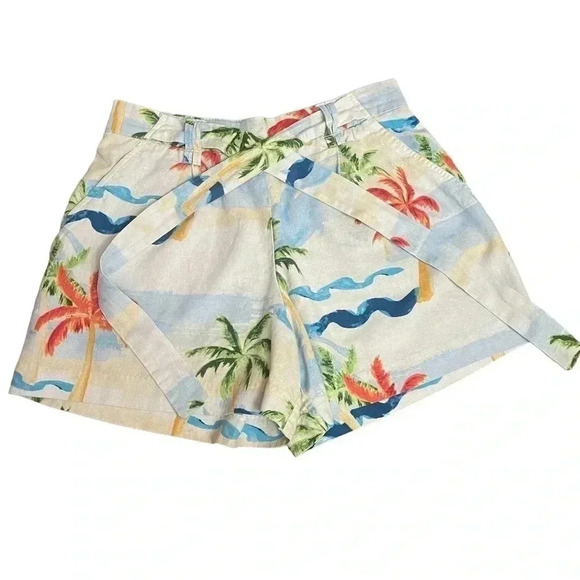 C&C California Tropical Beach Palm Tree Belted Linen Blend Shorts Womens Size 8 - Picture 3 of 11